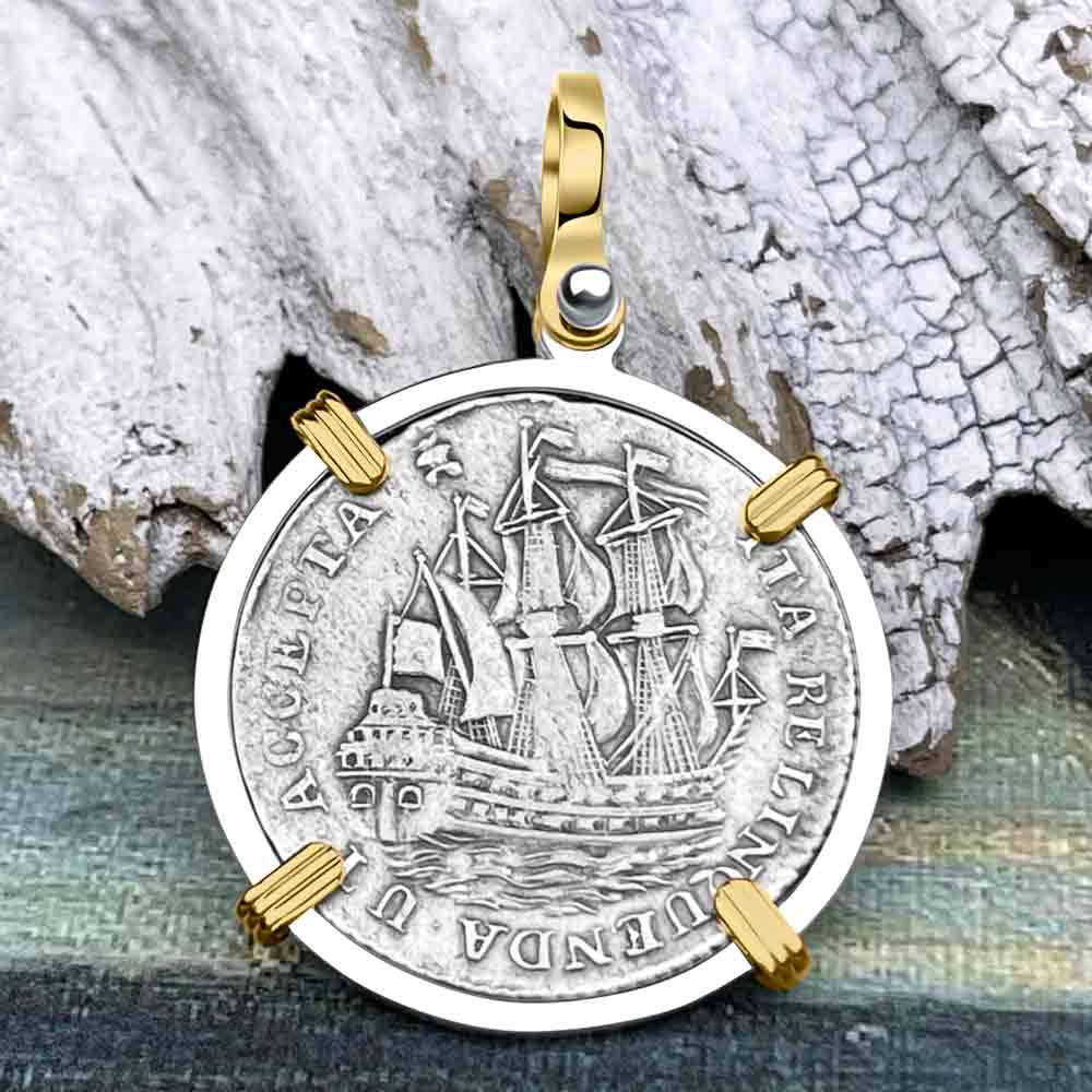 Dutch East India Company 1758 Silver 6 Stuiver Ship Shilling "I Struggle and Survive" 14K Gold & Sterling Silver Pendant