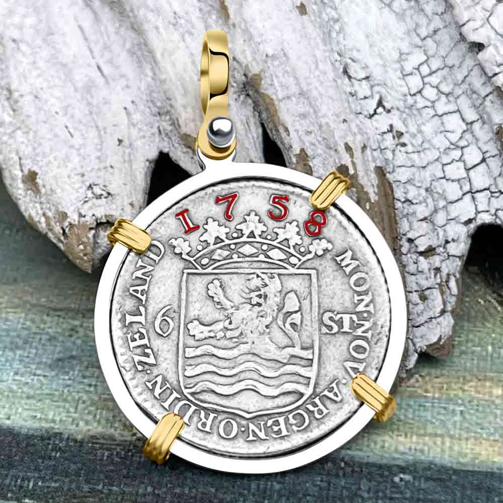 Dutch East India Company 1758 Silver 6 Stuiver Ship Shilling &quot;I Struggle and Survive&quot; 14K Gold &amp; Sterling Silver Pendant