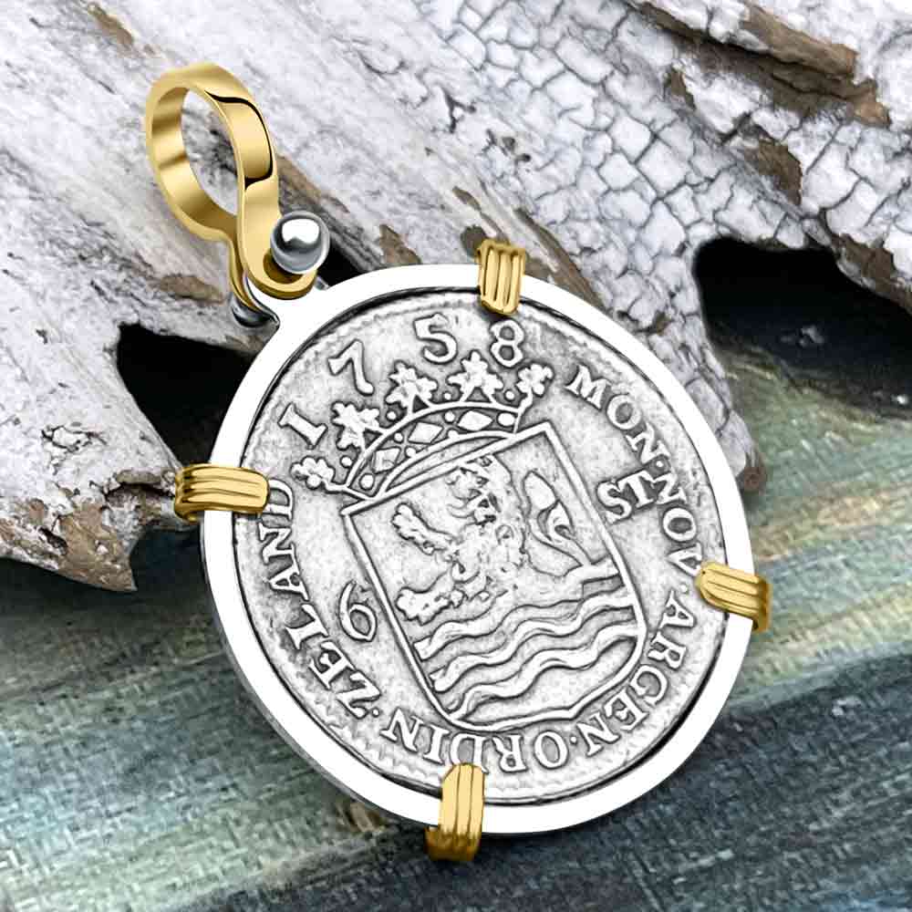 Dutch East India Company 1758 Silver 6 Stuiver Ship Shilling &quot;I Struggle and Survive&quot; 14K Gold &amp; Sterling Silver Pendant