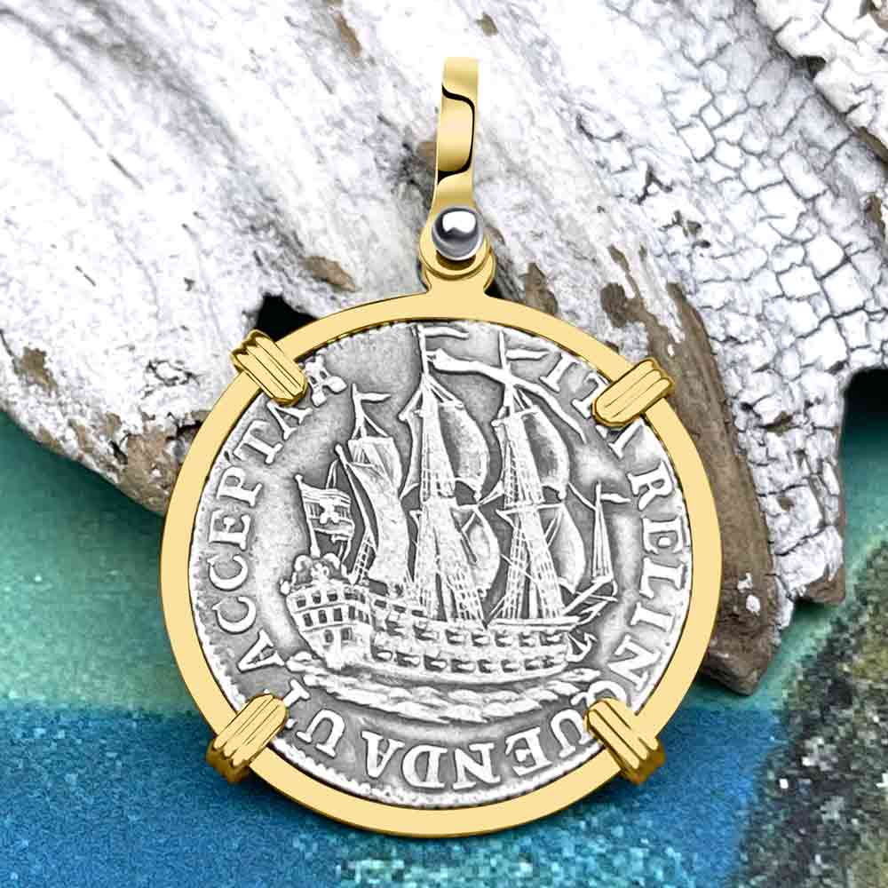 Dutch East India Company 1775 Silver 6 Stuiver Ship Shilling &quot;I Struggle and Survive&quot; 14K Gold Pendant