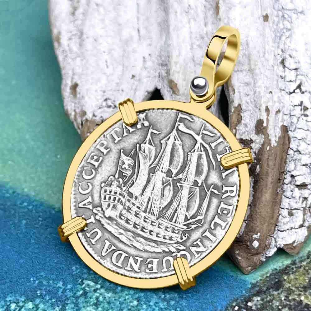 Dutch East India Company 1775 Silver 6 Stuiver Ship Shilling &quot;I Struggle and Survive&quot; 14K Gold Pendant