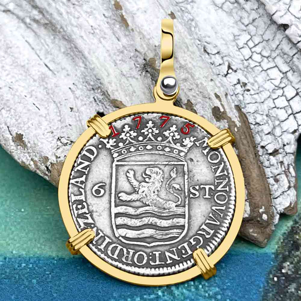 Dutch East India Company 1775 Silver 6 Stuiver Ship Shilling &quot;I Struggle and Survive&quot; 14K Gold Pendant