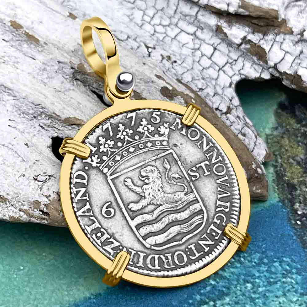 Dutch East India Company 1775 Silver 6 Stuiver Ship Shilling &quot;I Struggle and Survive&quot; 14K Gold Pendant