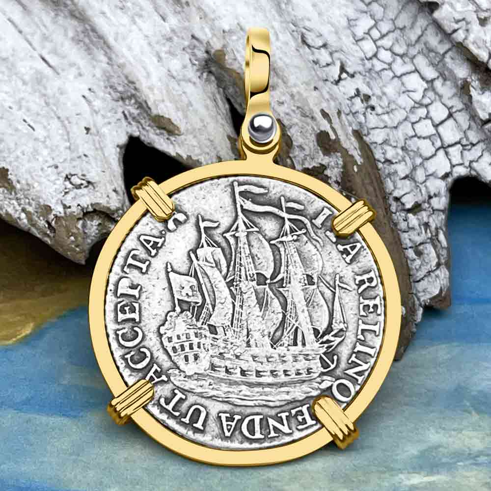 Dutch East India Company 1772 Silver 6 Stuiver Ship Shilling &quot;I Struggle and Survive&quot; 14K Gold Pendant