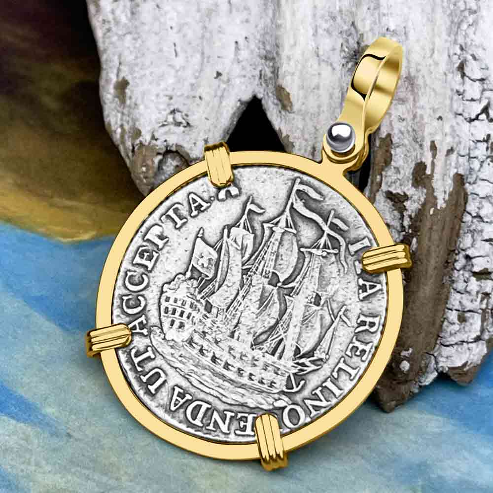 Dutch East India Company 1772 Silver 6 Stuiver Ship Shilling &quot;I Struggle and Survive&quot; 14K Gold Pendant