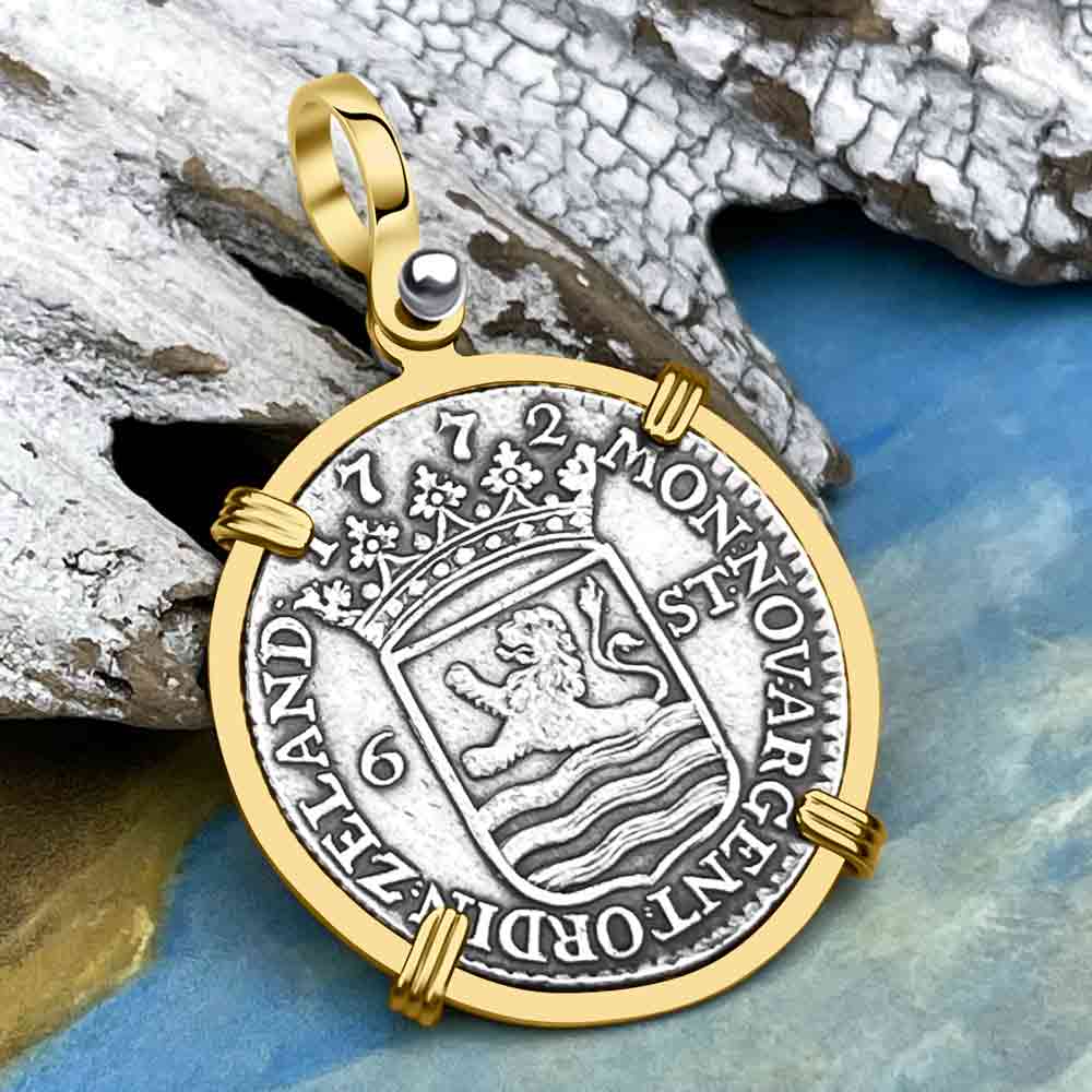 Dutch East India Company 1772 Silver 6 Stuiver Ship Shilling &quot;I Struggle and Survive&quot; 14K Gold Pendant