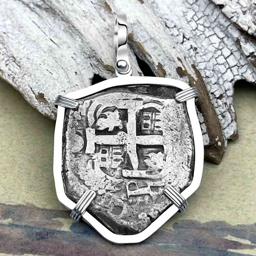 Shield Shaped 1751 Pirate Era Spanish 8 Reale &quot;Piece of Eight&quot; Sterling Silver Pendant 