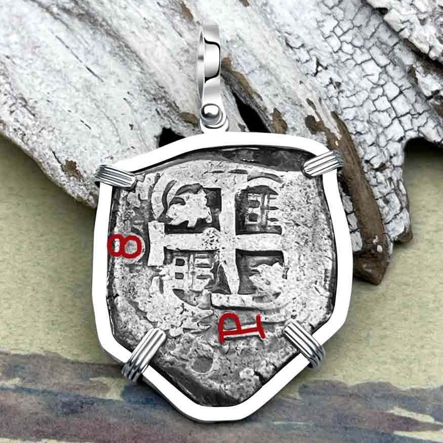 Shield Shaped 1751 Pirate Era Spanish 8 Reale &quot;Piece of Eight&quot; Sterling Silver Pendant 