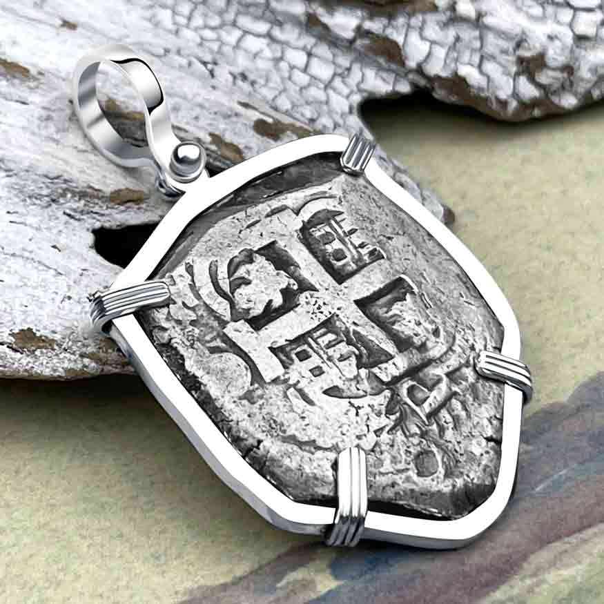 Shield Shaped 1751 Pirate Era Spanish 8 Reale &quot;Piece of Eight&quot; Sterling Silver Pendant 