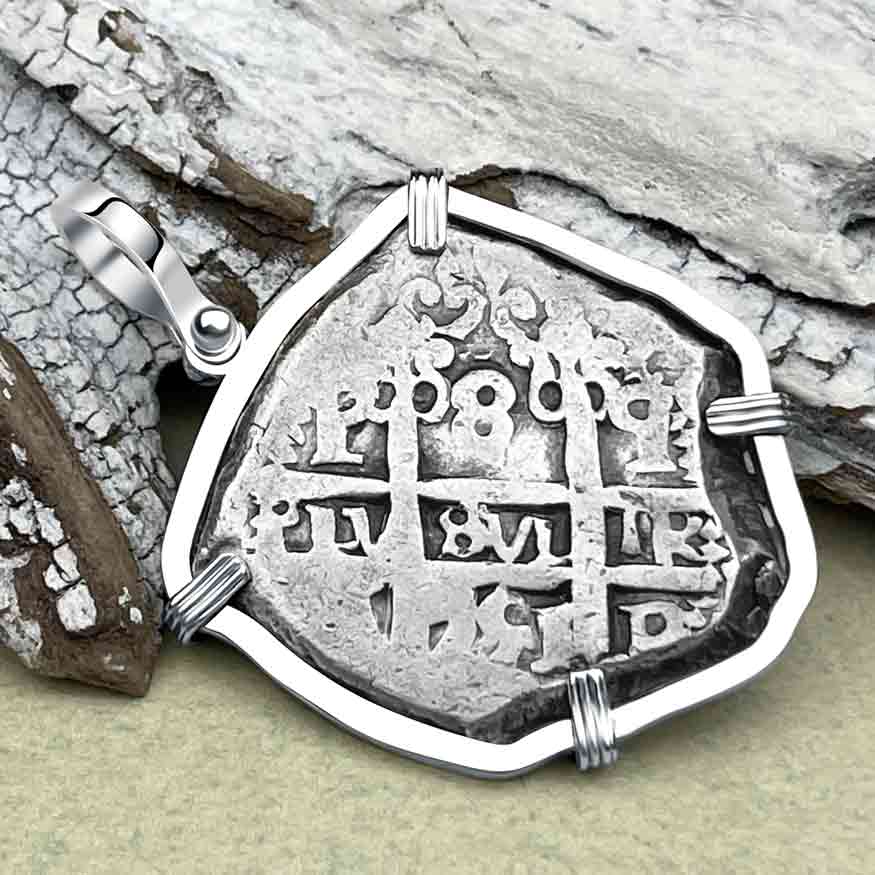 Shield Shaped 1751 Pirate Era Spanish 8 Reale &quot;Piece of Eight&quot; Sterling Silver Pendant 