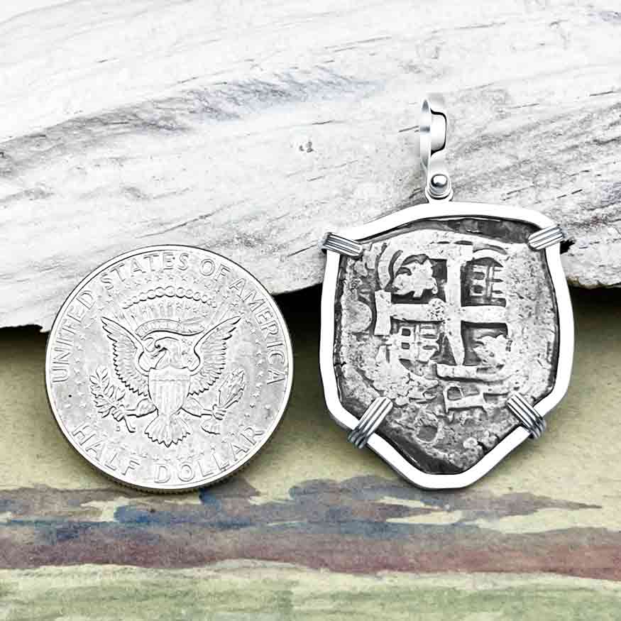 Shield Shaped 1751 Pirate Era Spanish 8 Reale &quot;Piece of Eight&quot; Sterling Silver Pendant 