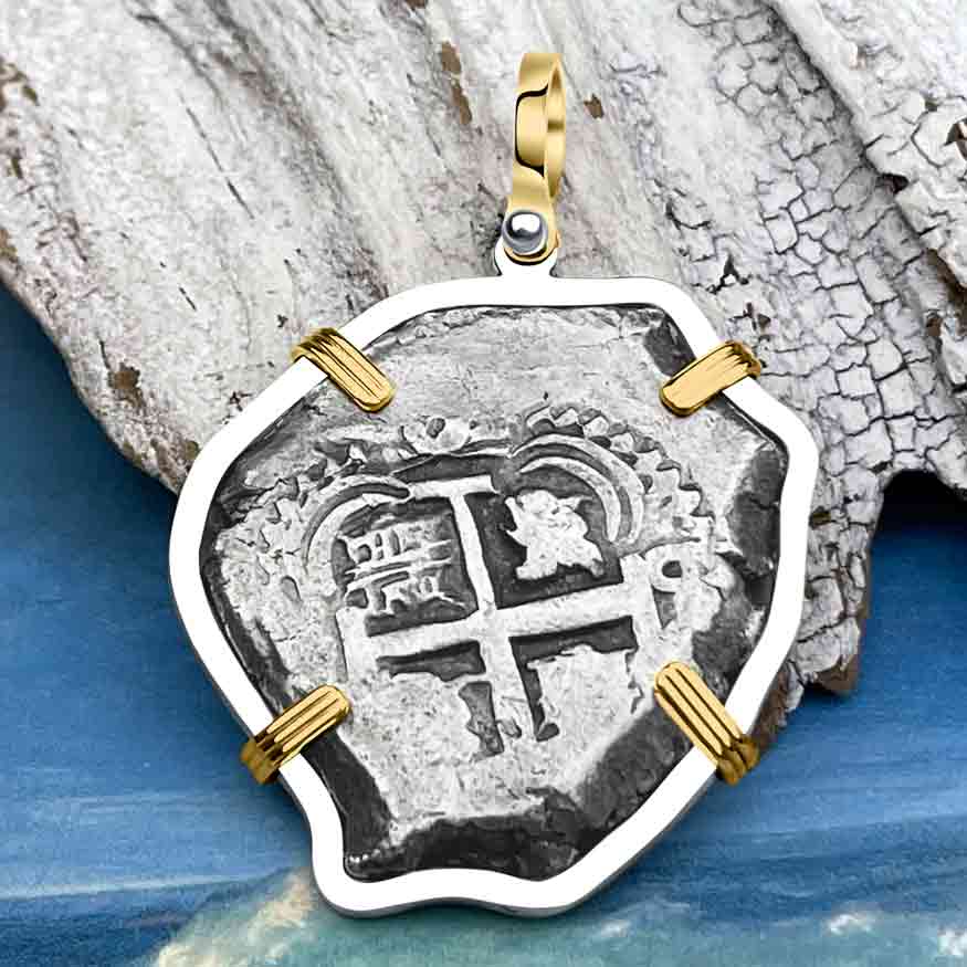 1749 Pirate Era Spanish 8 Reale &quot;Piece of Eight&quot; 14K Gold &amp; Sterling Silver Pendant 