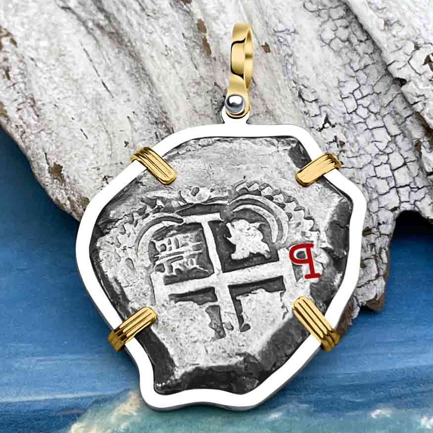 1749 Pirate Era Spanish 8 Reale &quot;Piece of Eight&quot; 14K Gold &amp; Sterling Silver Pendant 