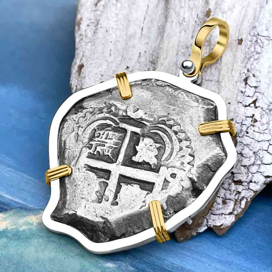 1749 Pirate Era Spanish 8 Reale &quot;Piece of Eight&quot; 14K Gold &amp; Sterling Silver Pendant 