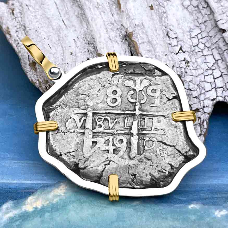 1749 Pirate Era Spanish 8 Reale &quot;Piece of Eight&quot; 14K Gold &amp; Sterling Silver Pendant 