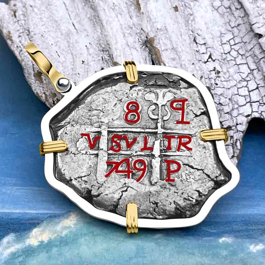 1749 Pirate Era Spanish 8 Reale &quot;Piece of Eight&quot; 14K Gold &amp; Sterling Silver Pendant 