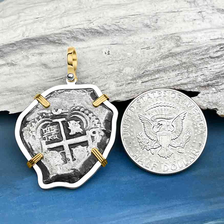 1749 Pirate Era Spanish 8 Reale &quot;Piece of Eight&quot; 14K Gold &amp; Sterling Silver Pendant 