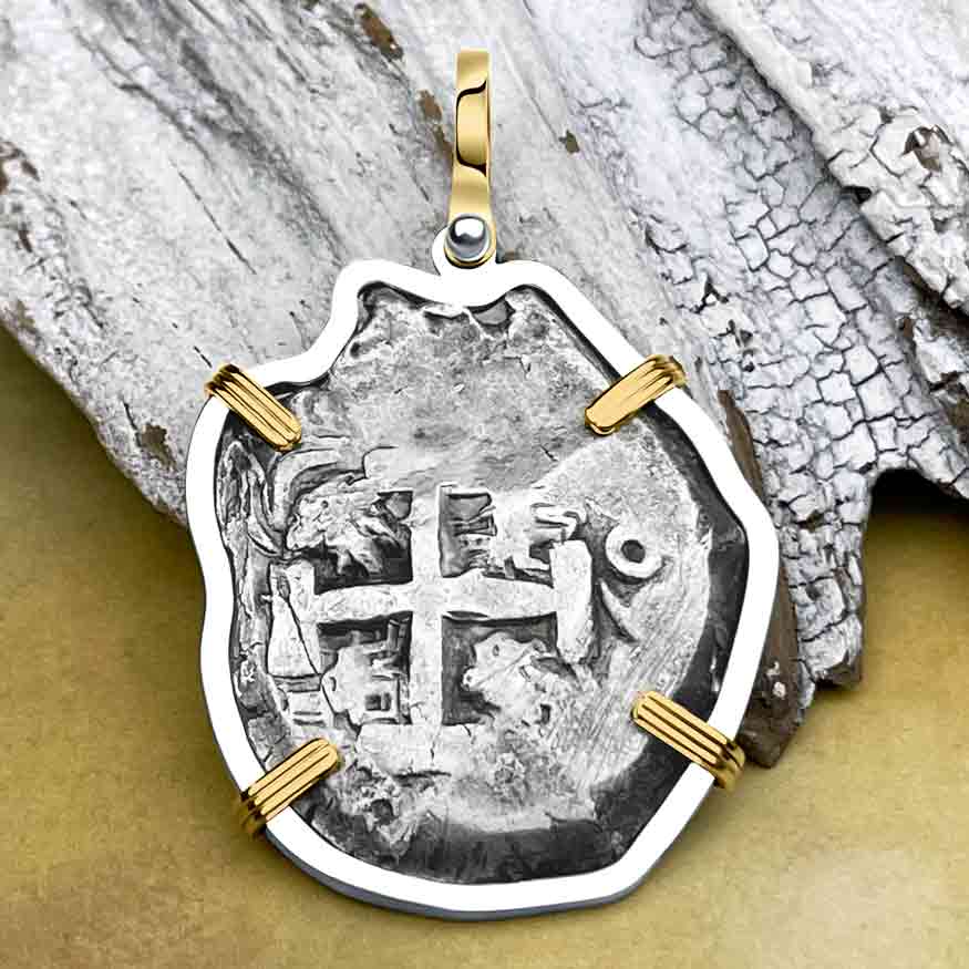 1769 Pirate Era Spanish 8 Reale "Piece of Eight" 14K Gold & Sterling Silver Pendant 