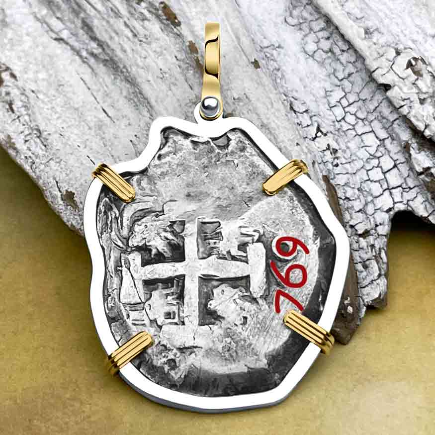 1769 Pirate Era Spanish 8 Reale "Piece of Eight" 14K Gold & Sterling Silver Pendant 