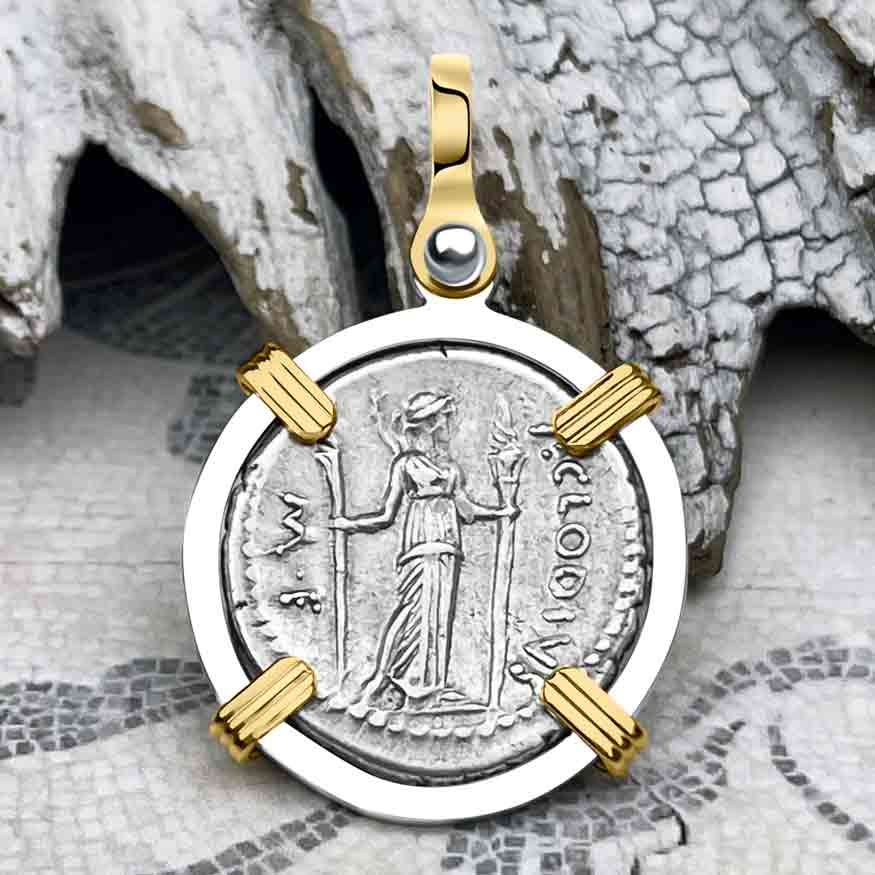 Roman Republic Silver Denarius 42 BC Apollo & Diana 14K Gold and Sterling Silver Pendant