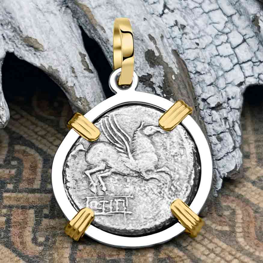 Roman Republic Silver Denarius 90 BC Pegasus 14K Gold and Sterling Silver Pendant