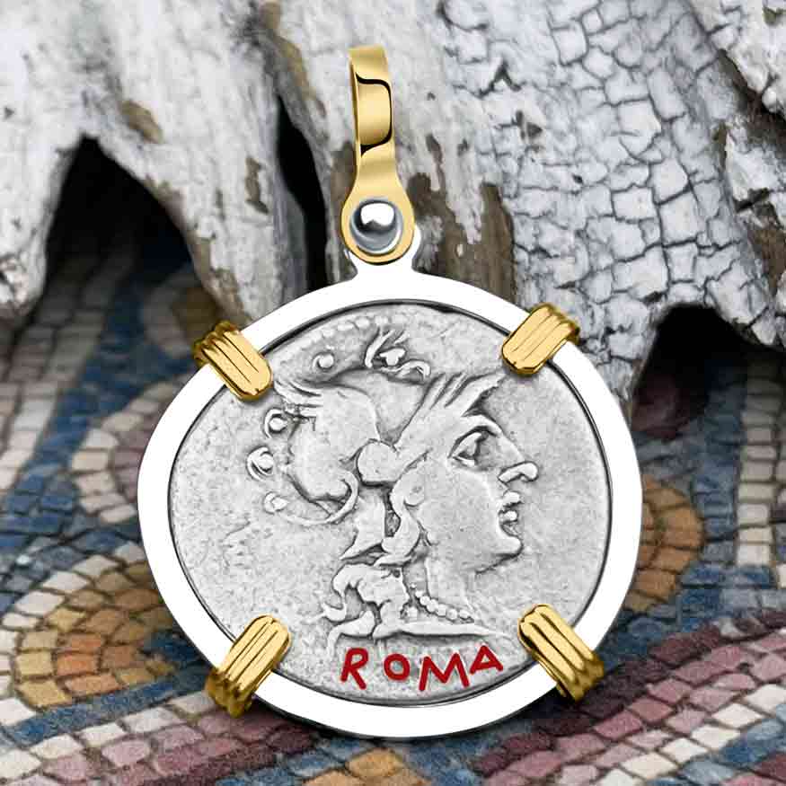 Roman Republic Silver Denarius 136 BC Roma & the Gemini Twins 14K Gold and Sterling Silver Pendant