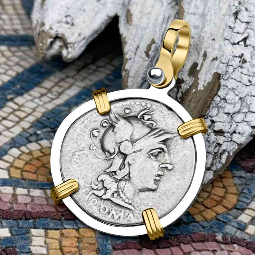 Roman Republic Silver Denarius 136 BC Roma & the Gemini Twins 14K Gold and Sterling Silver Pendant