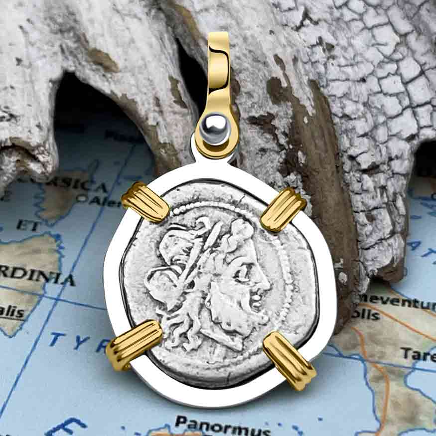 Roman Republic Silver Denarius Serratus 211 BC Jupiter &amp; Victory 14K Gold and Sterling Silver Pendant