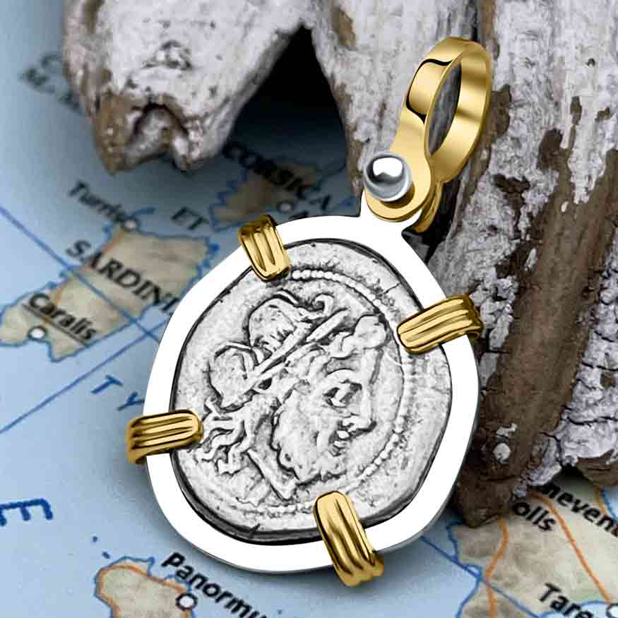 Roman Republic Silver Denarius Serratus 211 BC Jupiter &amp; Victory 14K Gold and Sterling Silver Pendant