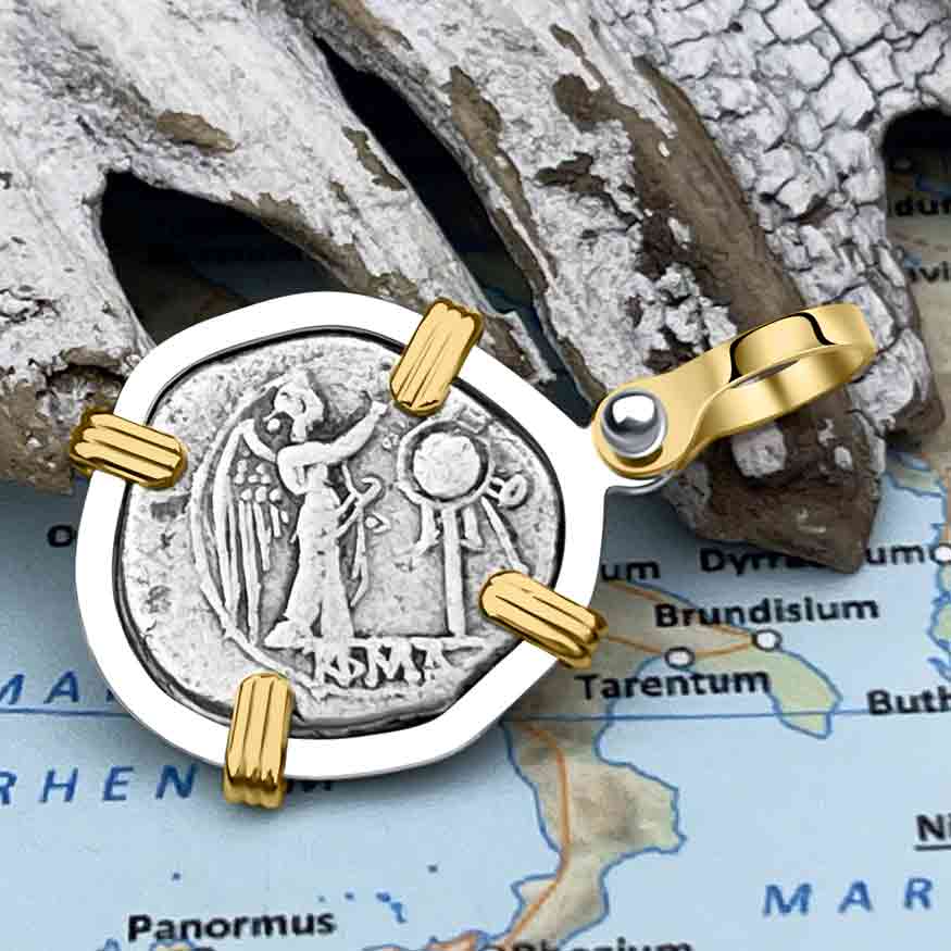 Roman Republic Silver Denarius Serratus 211 BC Jupiter &amp; Victory 14K Gold and Sterling Silver Pendant