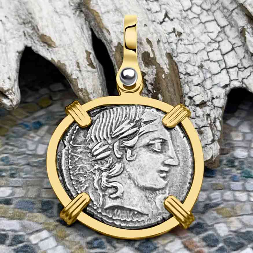 Roman Republic Silver Denarius 90 BC Apollo and Minerva 14K Gold Pendant