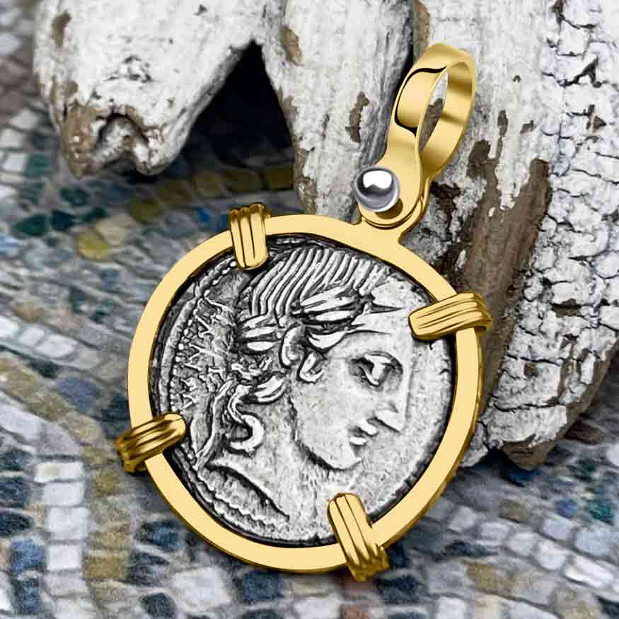 Roman Republic Silver Denarius 90 BC Apollo and Minerva 14K Gold Pendant