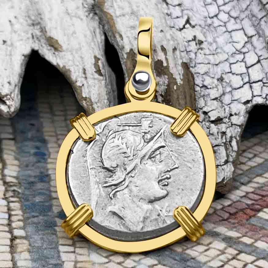 Roman Republic Silver Denarius 96 BC Mars and the Warrior 14K Gold Pendant