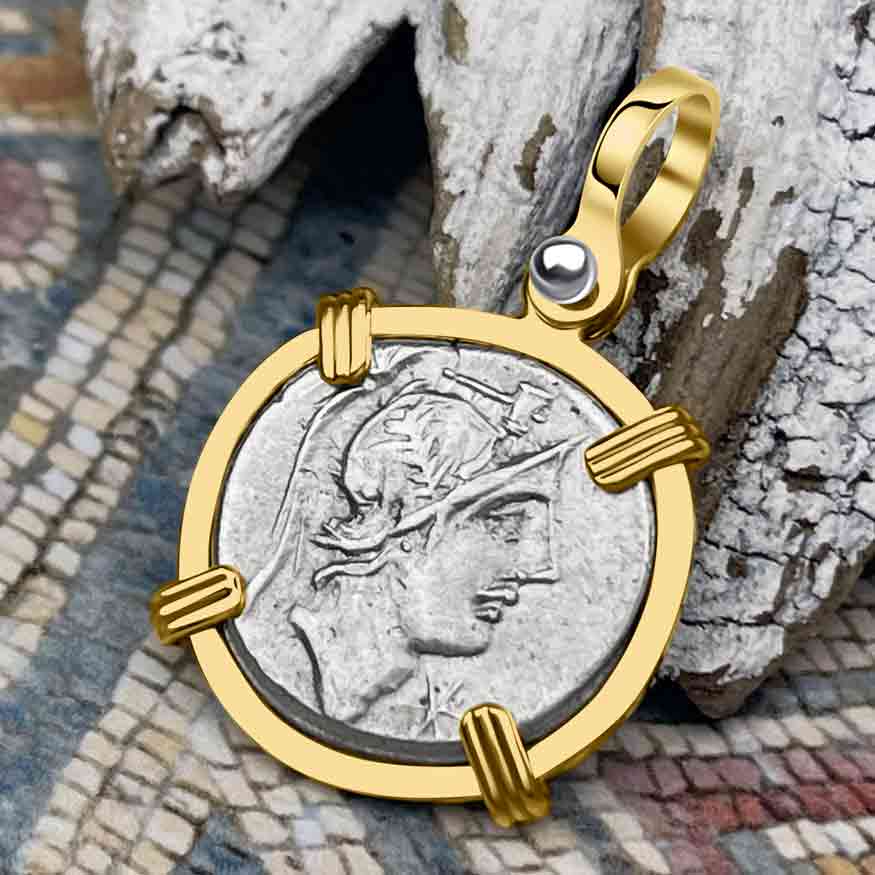 Roman Republic Silver Denarius 96 BC Mars and the Warrior 14K Gold Pendant