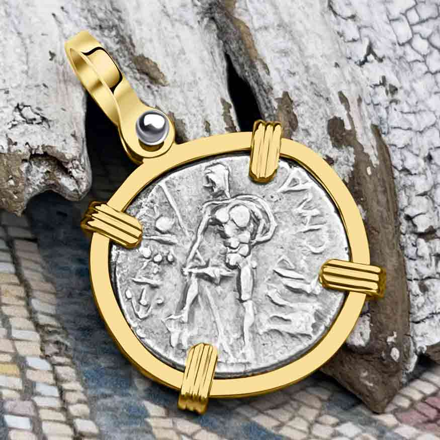 Roman Republic Silver Denarius 96 BC Mars and the Warrior 14K Gold Pendant