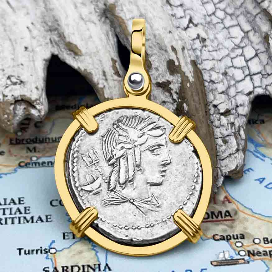 Roman Republic Silver Denarius 85 BC Apollo and Victory 14K Gold Pendant