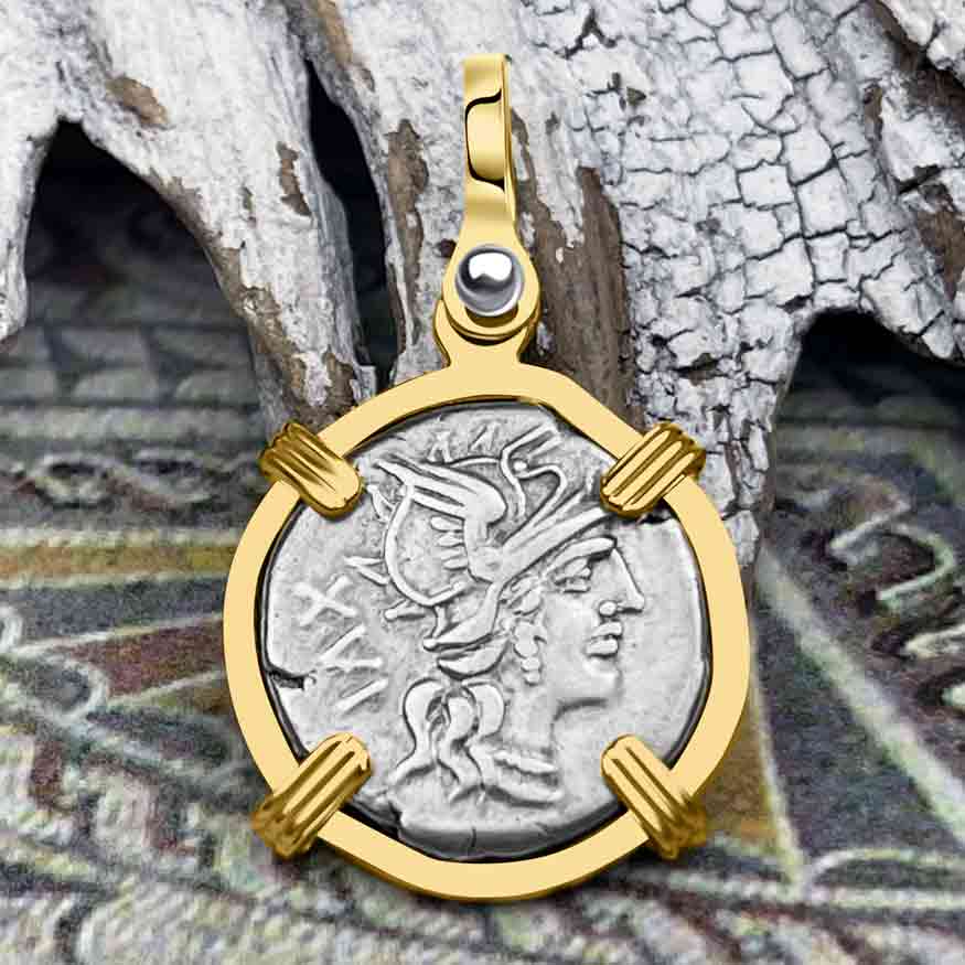 Roman Republic Silver Denarius 141 BC Roma &amp; Victory 14K Gold Pendant