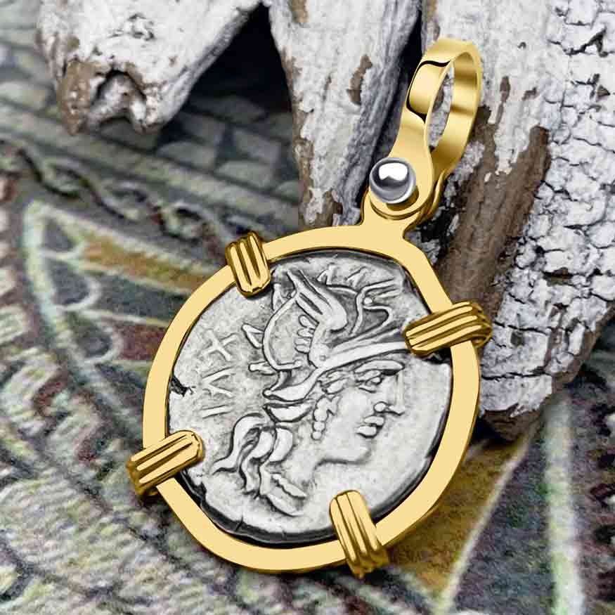 Roman Republic Silver Denarius 141 BC Roma &amp; Victory 14K Gold Pendant