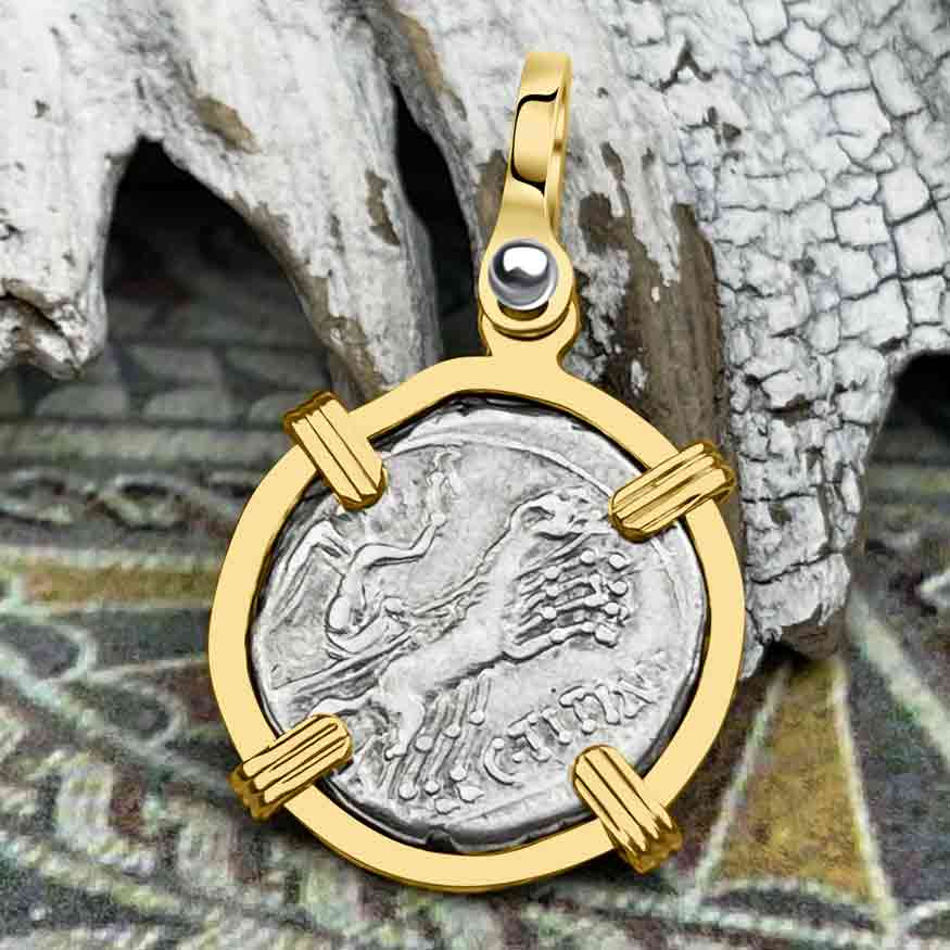 Roman Republic Silver Denarius 141 BC Roma &amp; Victory 14K Gold Pendant