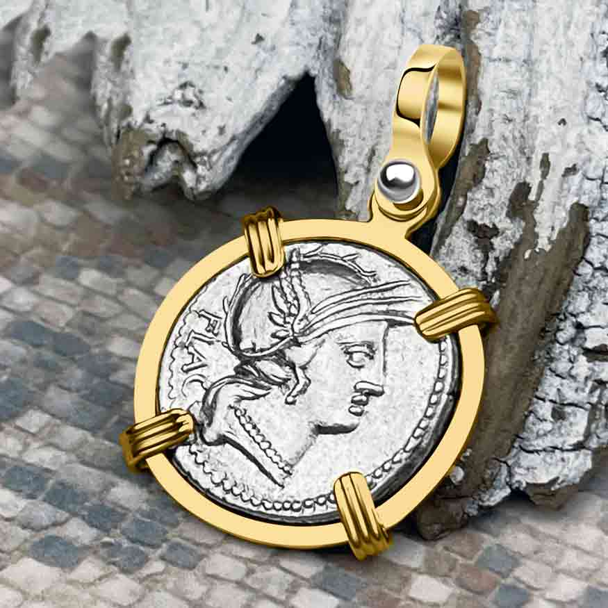 Roman Republic Silver Denarius 77 BC Roma &amp; Victory 14K Gold Pendant