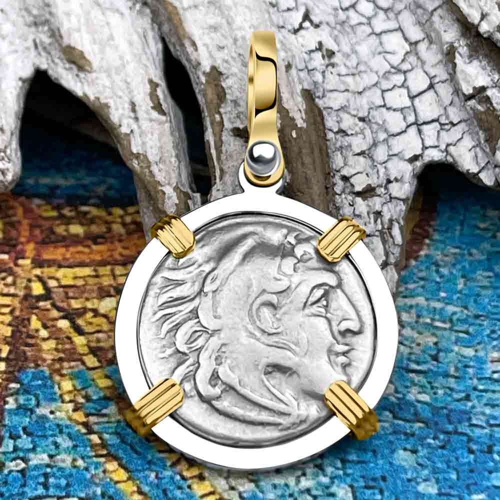 Ancient Greek Alexander the Great Silver Drachm Coin 14K Gold &amp; Sterling Silver Pendant