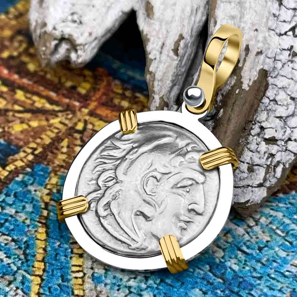 Ancient Greek Alexander the Great Silver Drachm Coin 14K Gold &amp; Sterling Silver Pendant