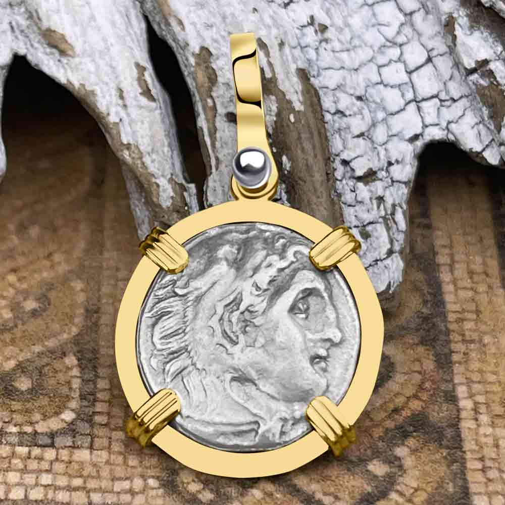 Ancient Greek Alexander the Great Silver Drachm Coin 14K Gold Pendant