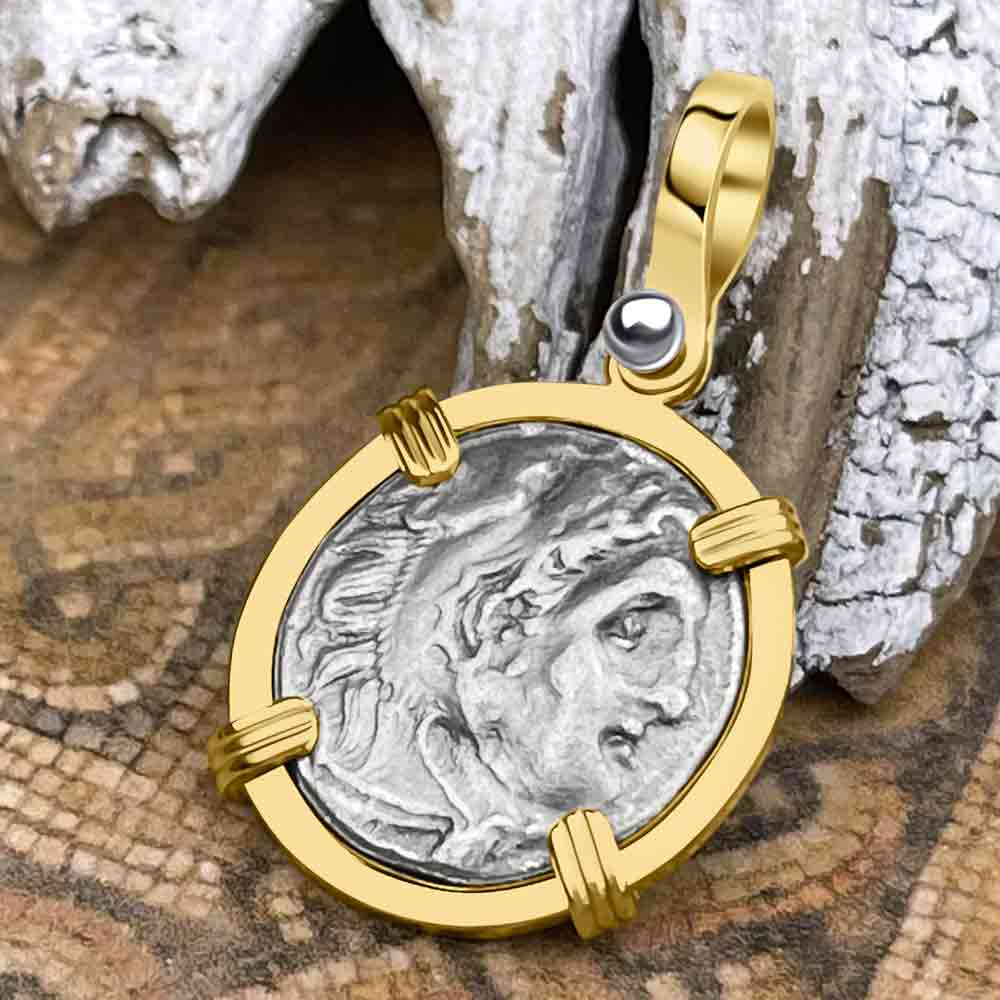 Ancient Greek Alexander the Great Silver Drachm Coin 14K Gold Pendant