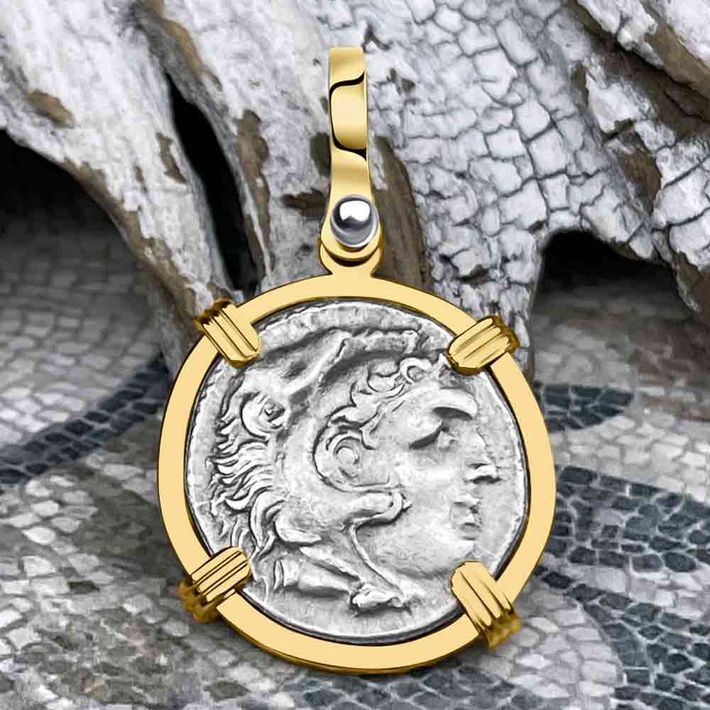 Ancient Greek Alexander the Great Silver Drachm Coin 14K Gold Pendant