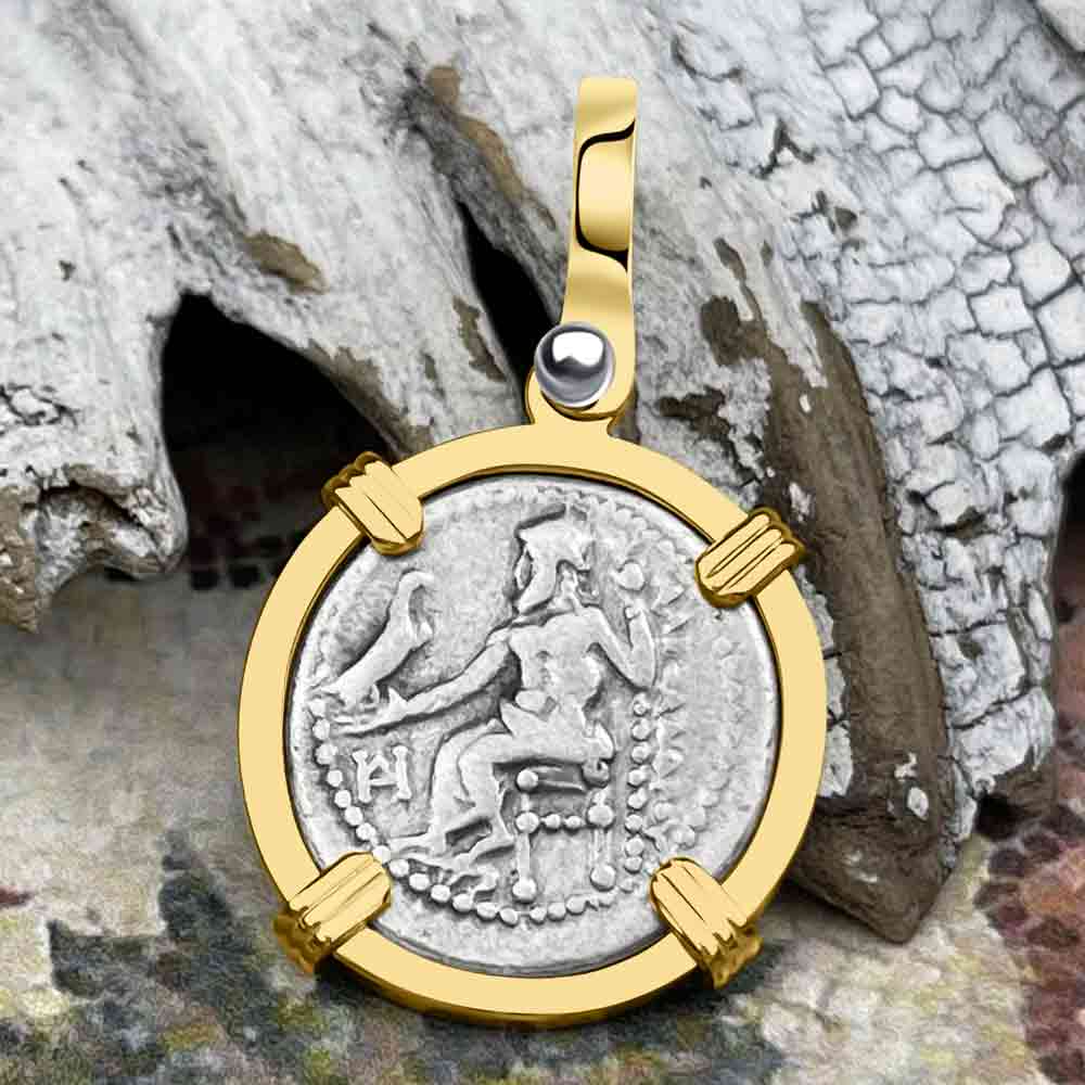 Ancient Greek Alexander the Great Silver Drachm Coin 14K Gold Pendant