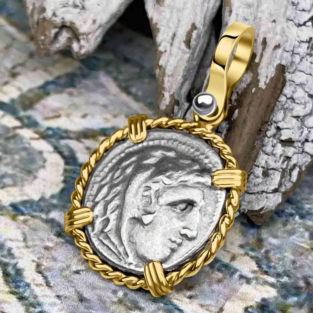 Ancient Greek Alexander the Great Silver Drachm Coin 14K Gold Pendant