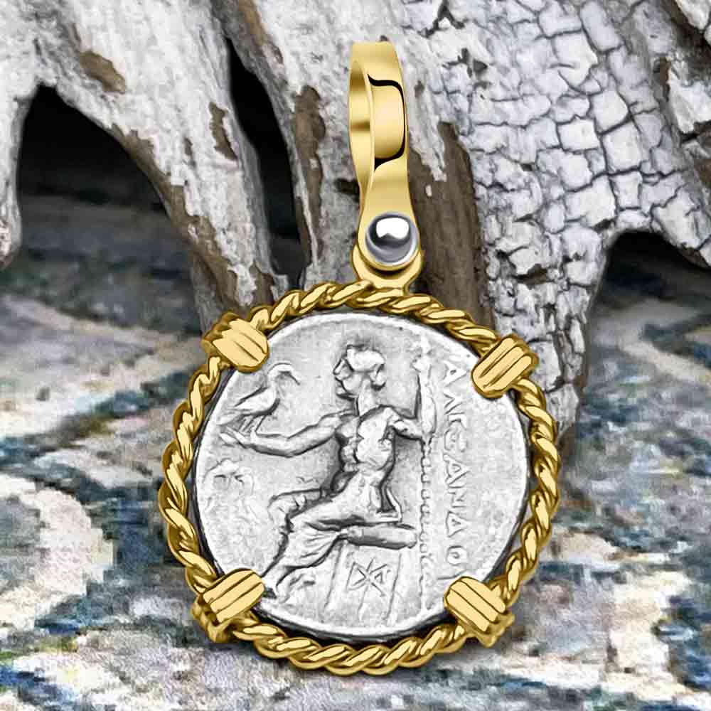 Ancient Greek Alexander the Great Silver Drachm Coin 14K Gold Pendant