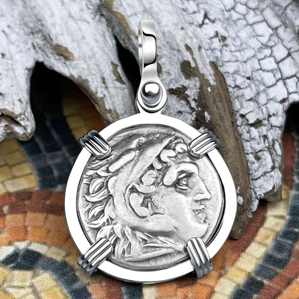 Ancient Greek Alexander the Great Silver Drachm Coin 14K White Gold Pendant