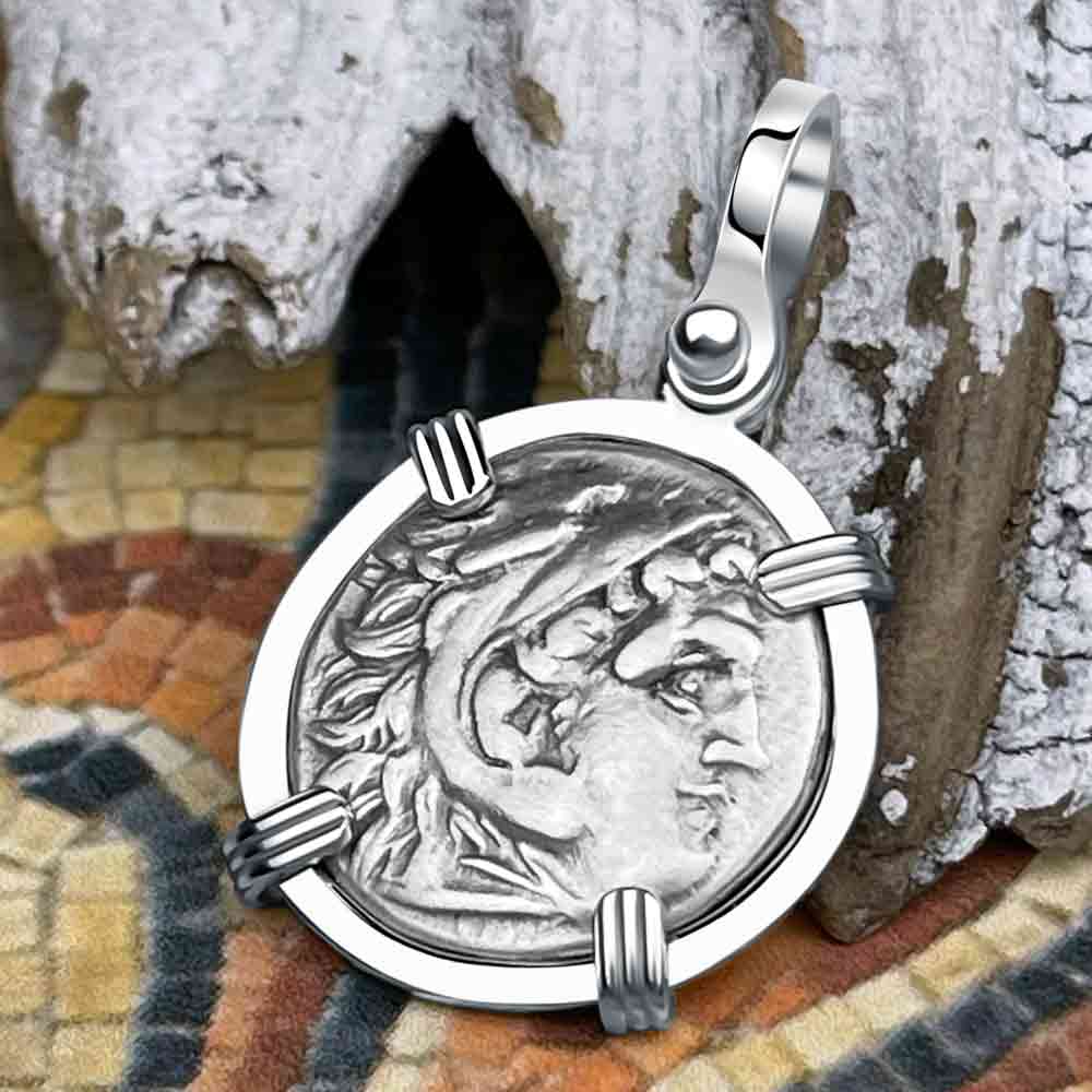 Ancient Greek Alexander the Great Silver Drachm Coin 14K White Gold Pendant